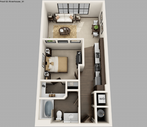 Floor plan for studio, 1 bath, 612 sqft